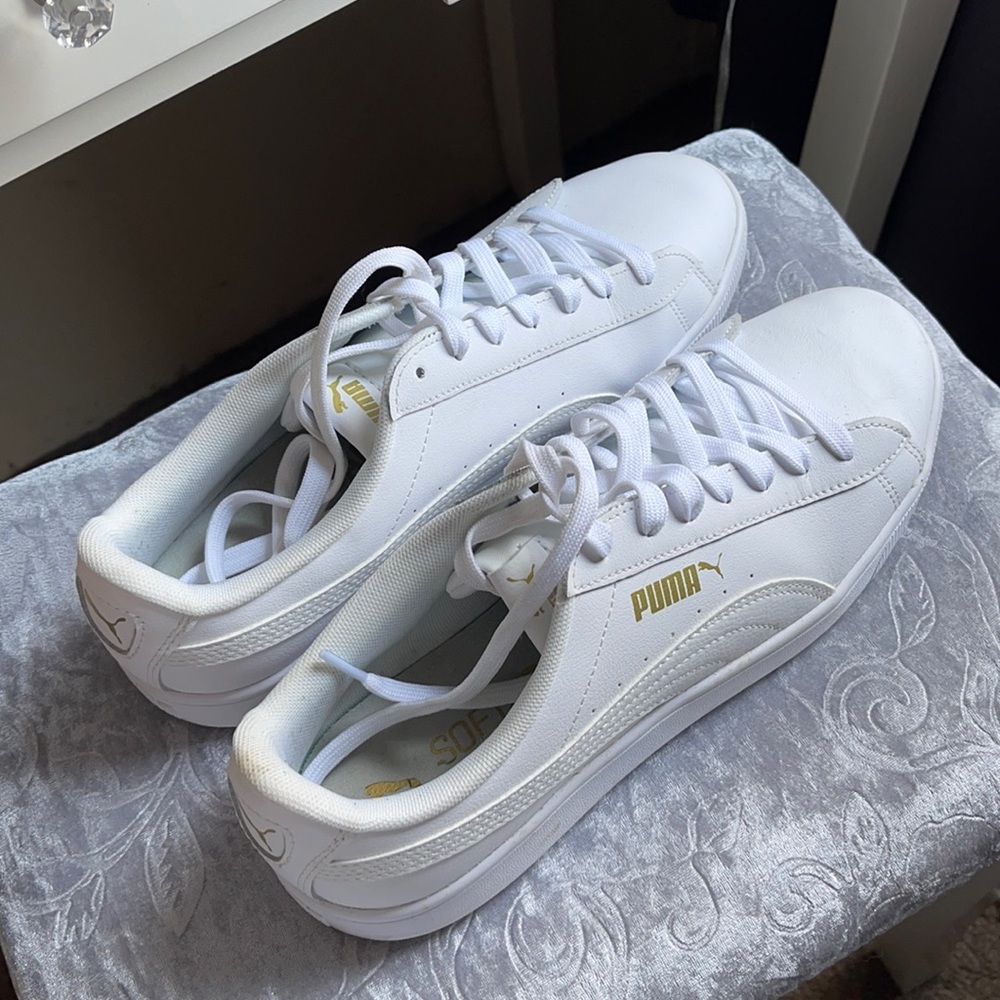 Puma white shoes with gold